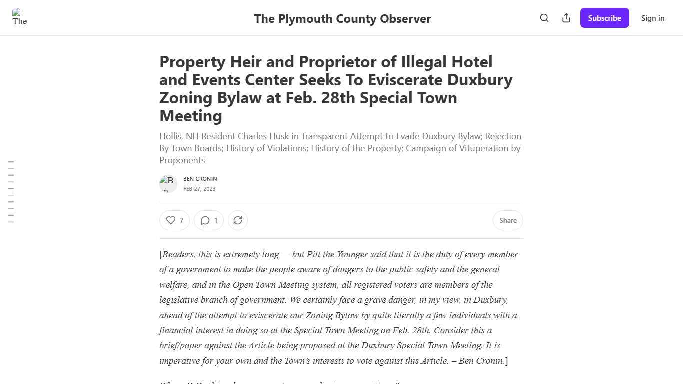 Property Heir and Proprietor of Illegal Hotel and Events Center Seeks To Eviscerate Duxbury Zoning Bylaw at Feb. 28th Special Town Meeting